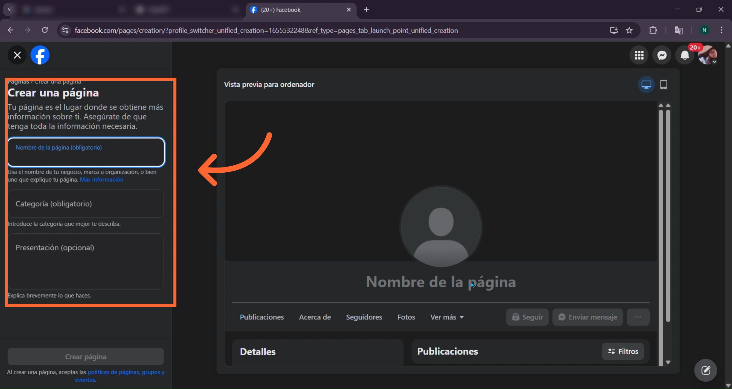 Formulario de datos básicos para la nueva página