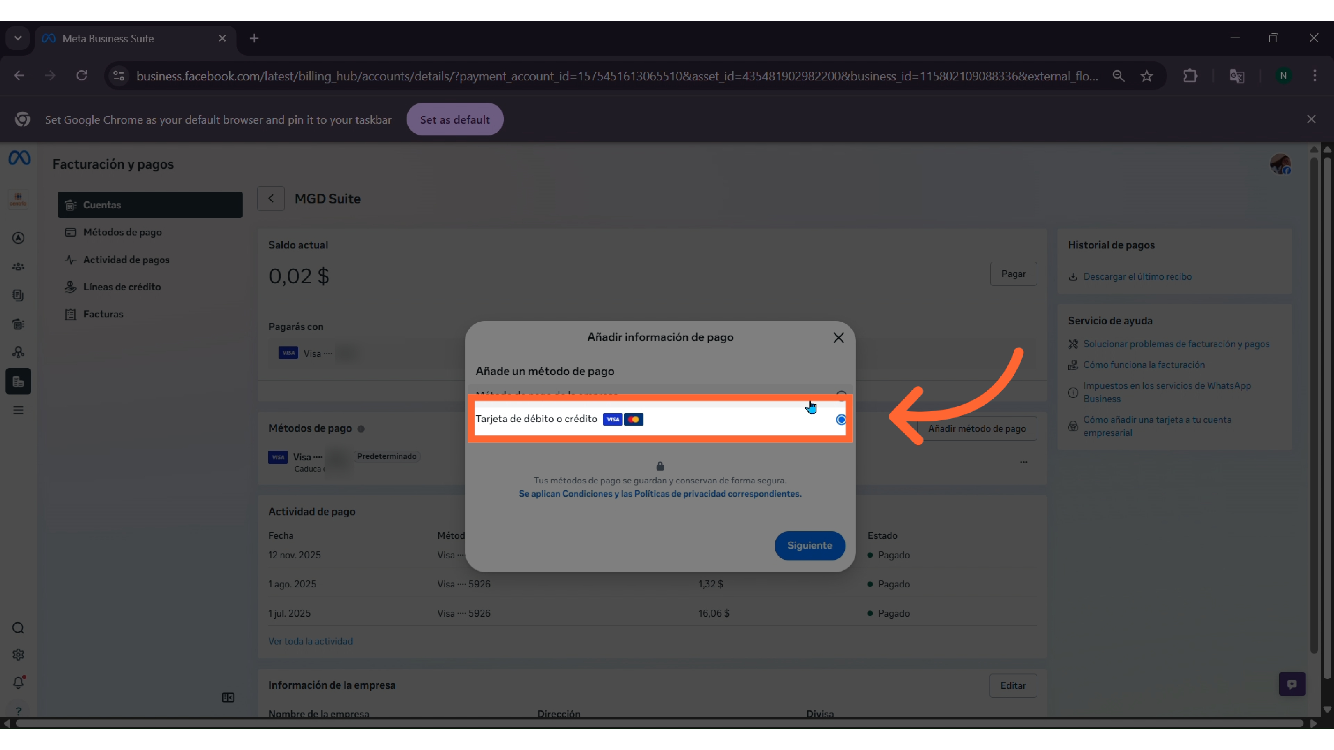 Selecciona Tarjeta de crédito o débito