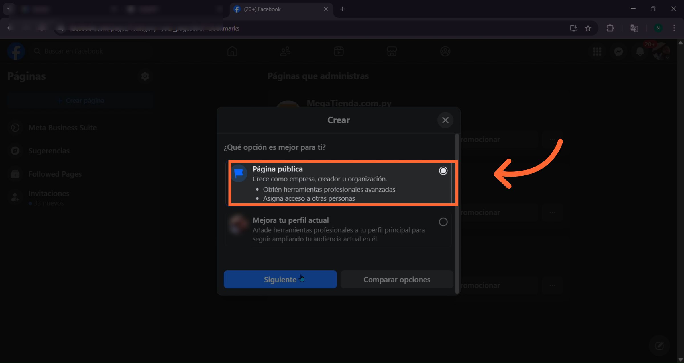 Interfaz de creación de nueva página pública