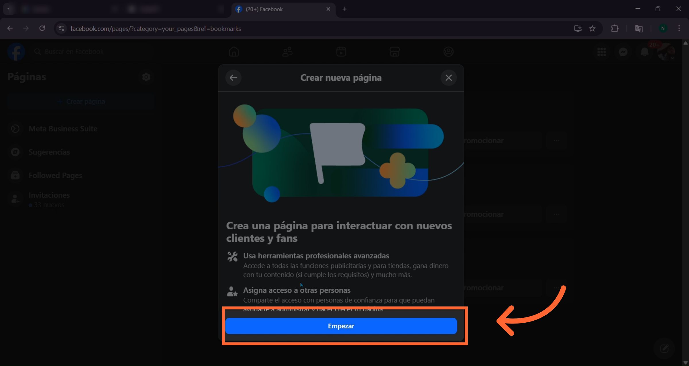 Interfaz de creación de nueva página pública