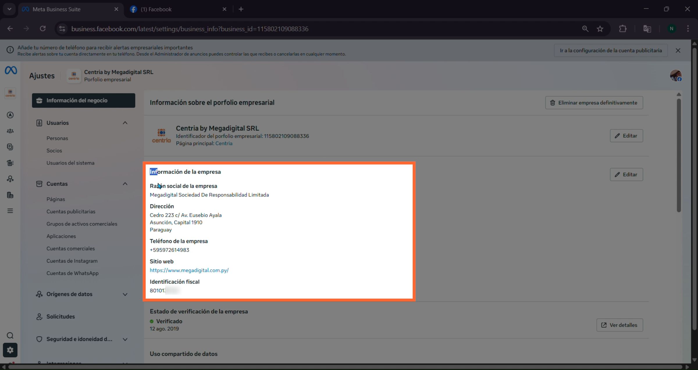 Carga la información del negocio